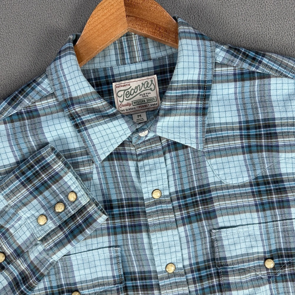 Tecovas Pearl Snap Shirt Mens Medium Blue Plaid Brushed Flannel Cowboy Western